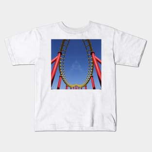 vivid red roller coaster on clear cloudless blue sky background structural 3D illustration design Kids T-Shirt